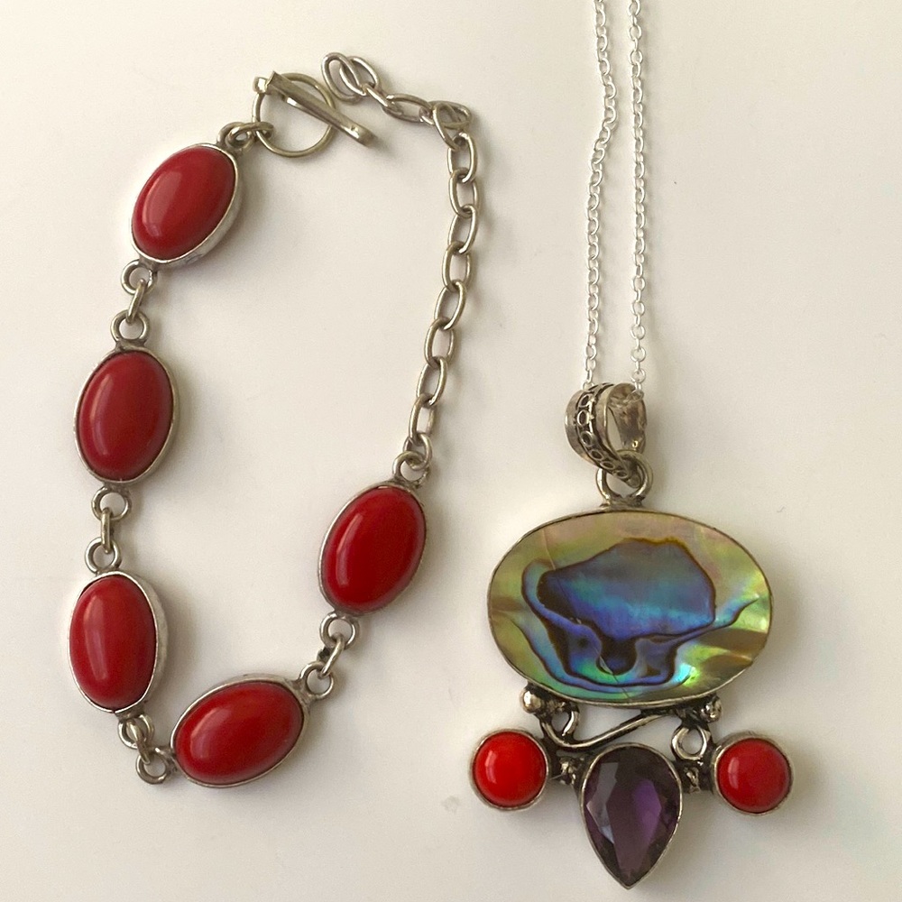 Abalone , coral and purple amethyst pendant and adjustable coral bracelet